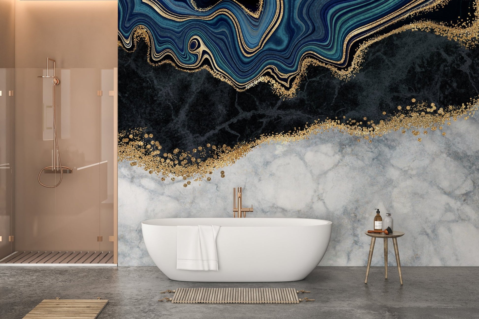 Deep blue and gold marbled wall mural in a sunlit bathroom interior.