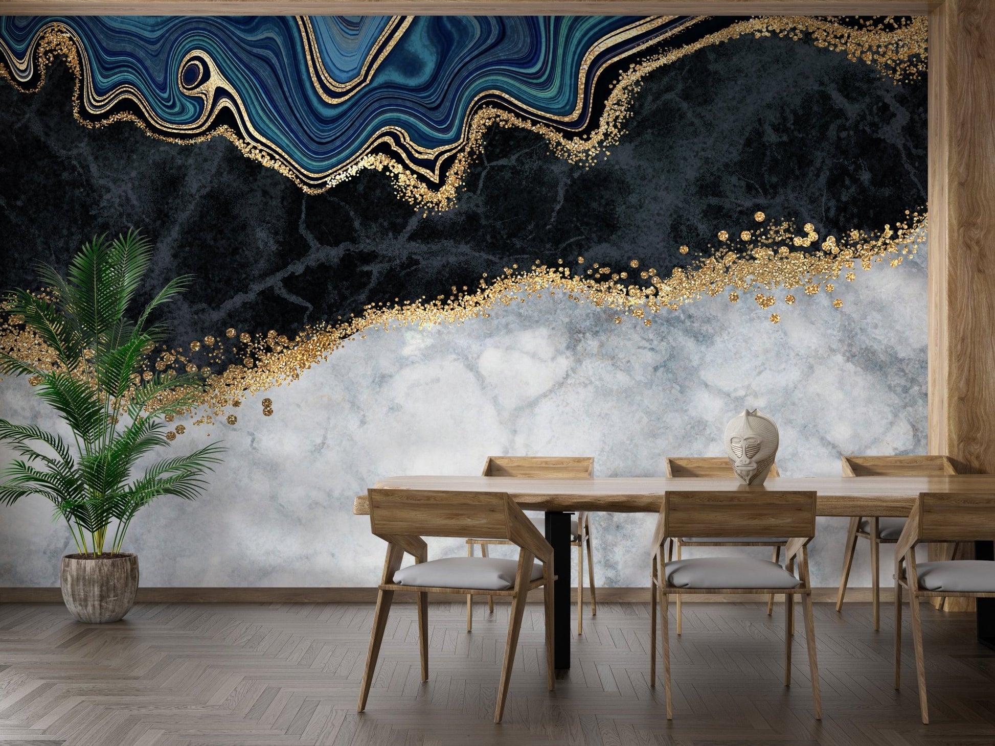 Gold and blue marbled wall mural in a dining area with wooden furniture.