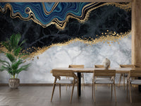 Gold and blue marbled wall mural in a dining area with wooden furniture.