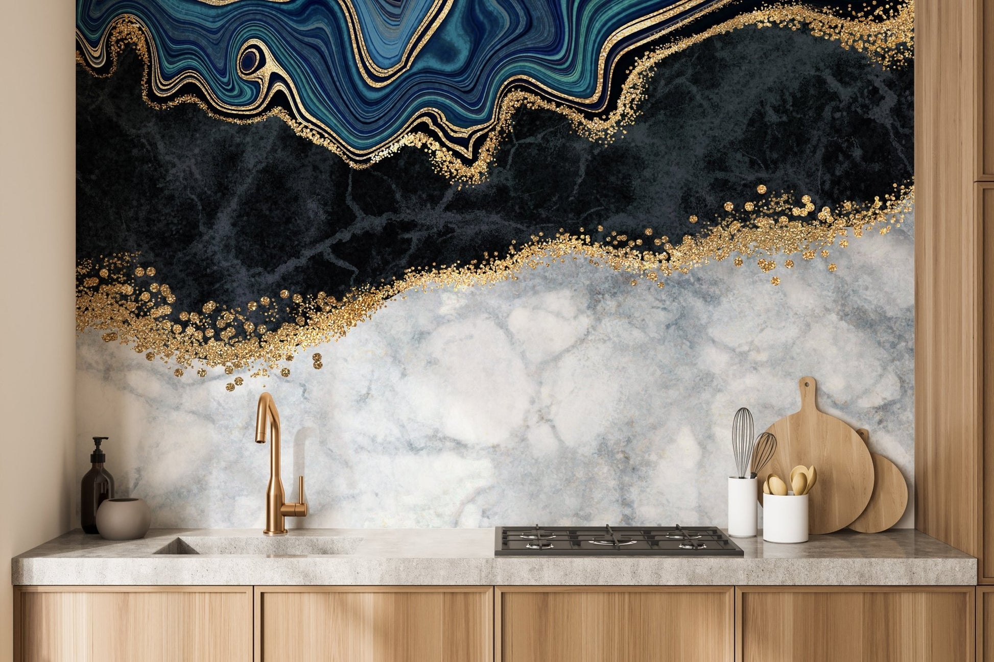 Contemporary marble design wall mural for a kitchen backsplash area.