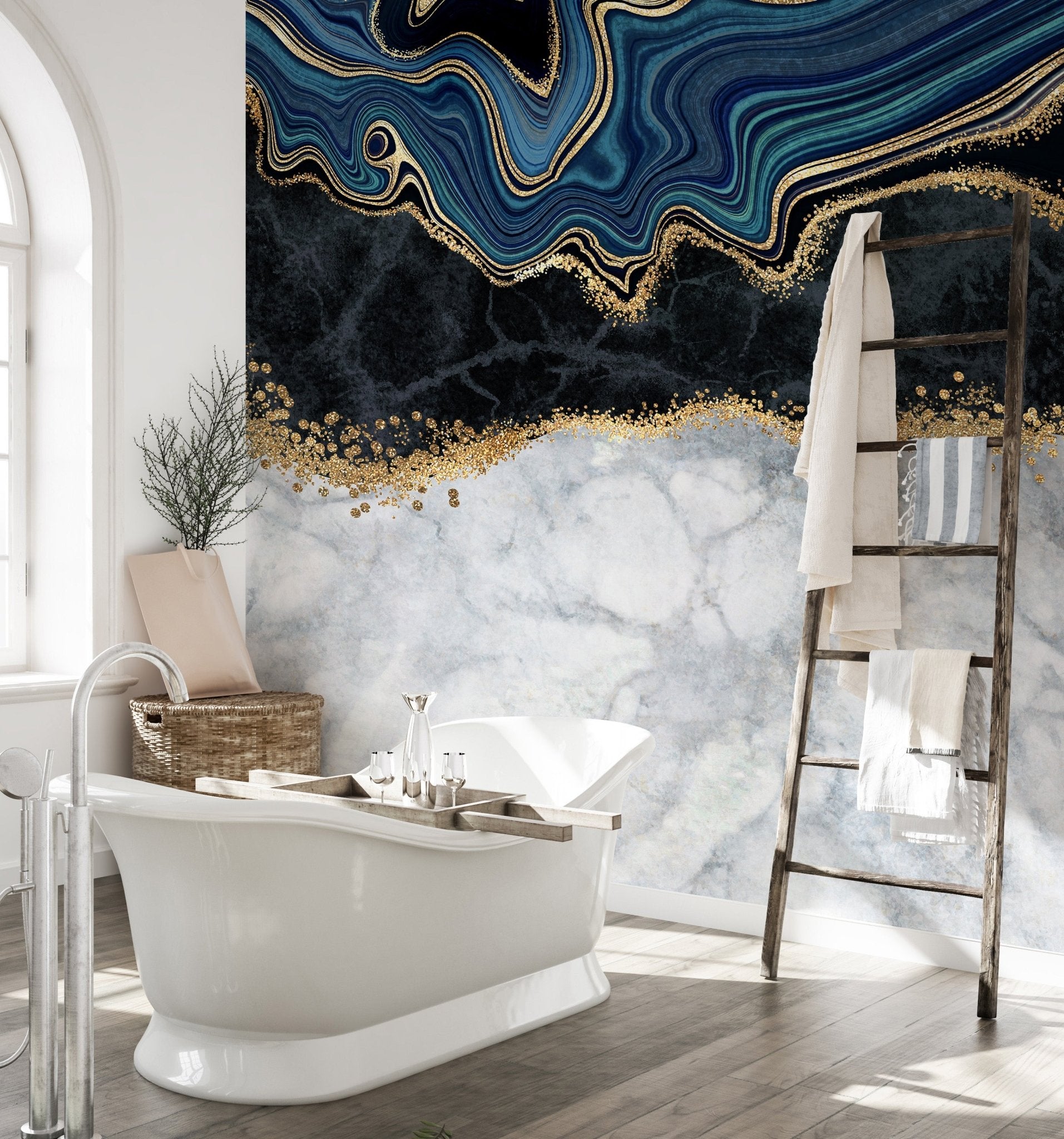 Luxury navy and gold marble wall mural in a bright bathroom setting.