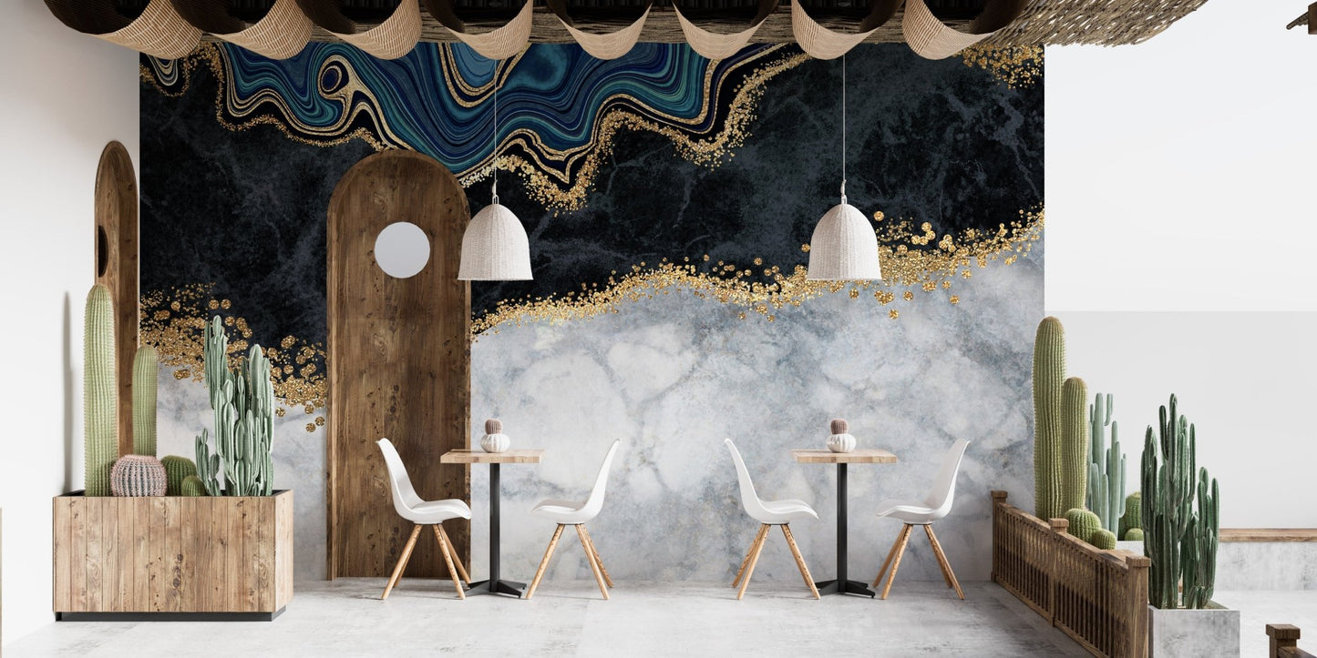 Artistic marble effect wall mural for a minimalist dining space.
