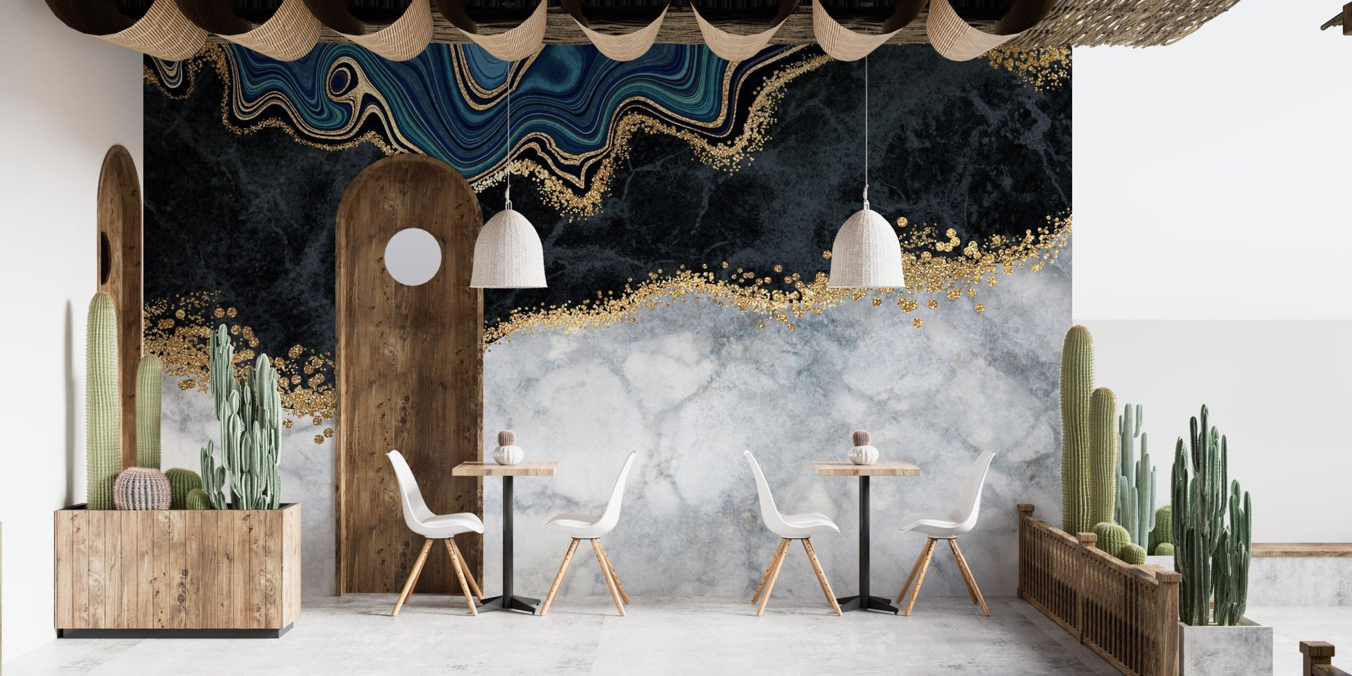 Artistic marble effect wall mural for a minimalist dining space.