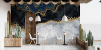 Artistic marble effect wall mural for a minimalist dining space.