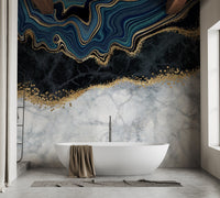 Blue and Gold Marbled Elegance Wall Murals behind a modern white bathtub.