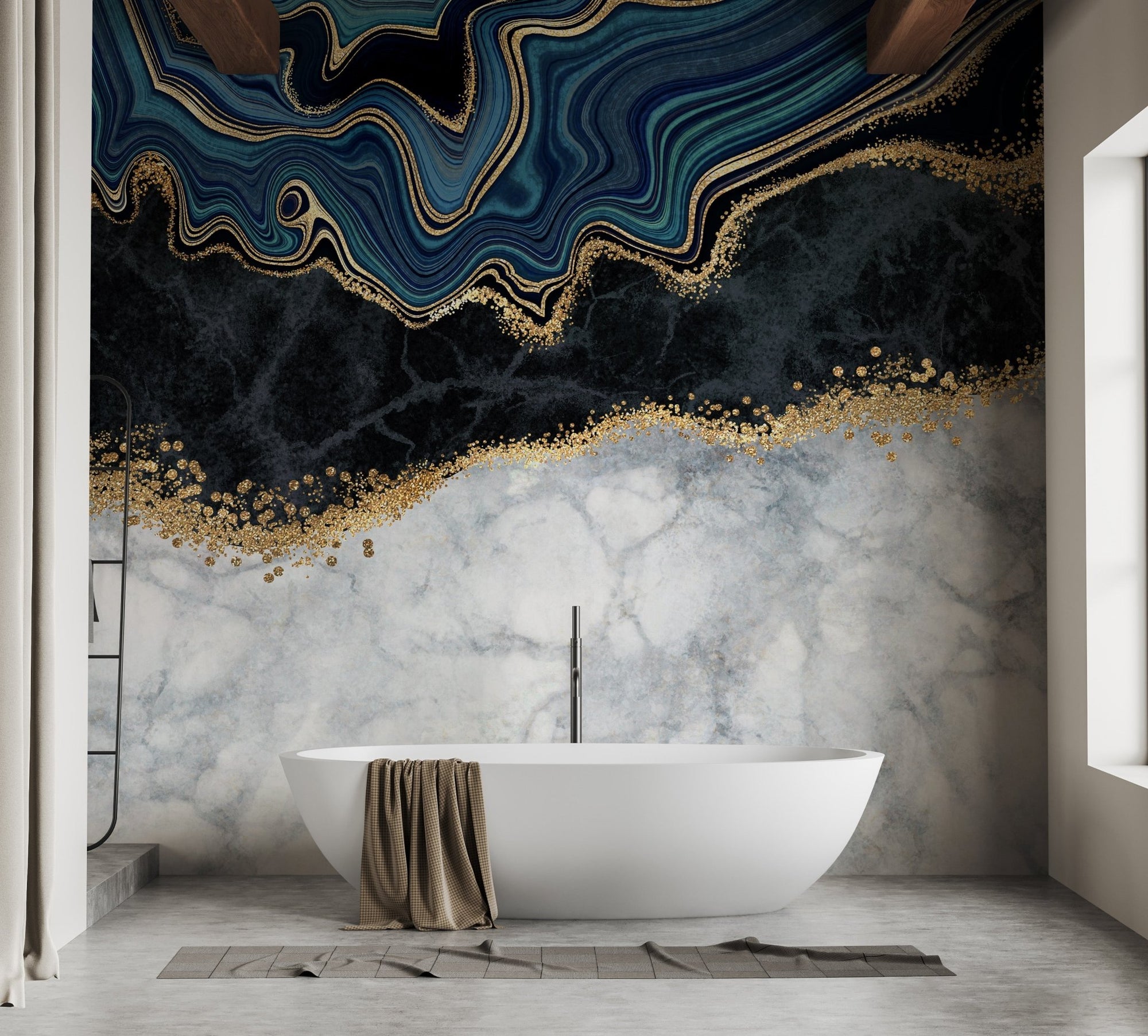 Blue and Gold Marbled Elegance Wall Murals behind a modern white bathtub.