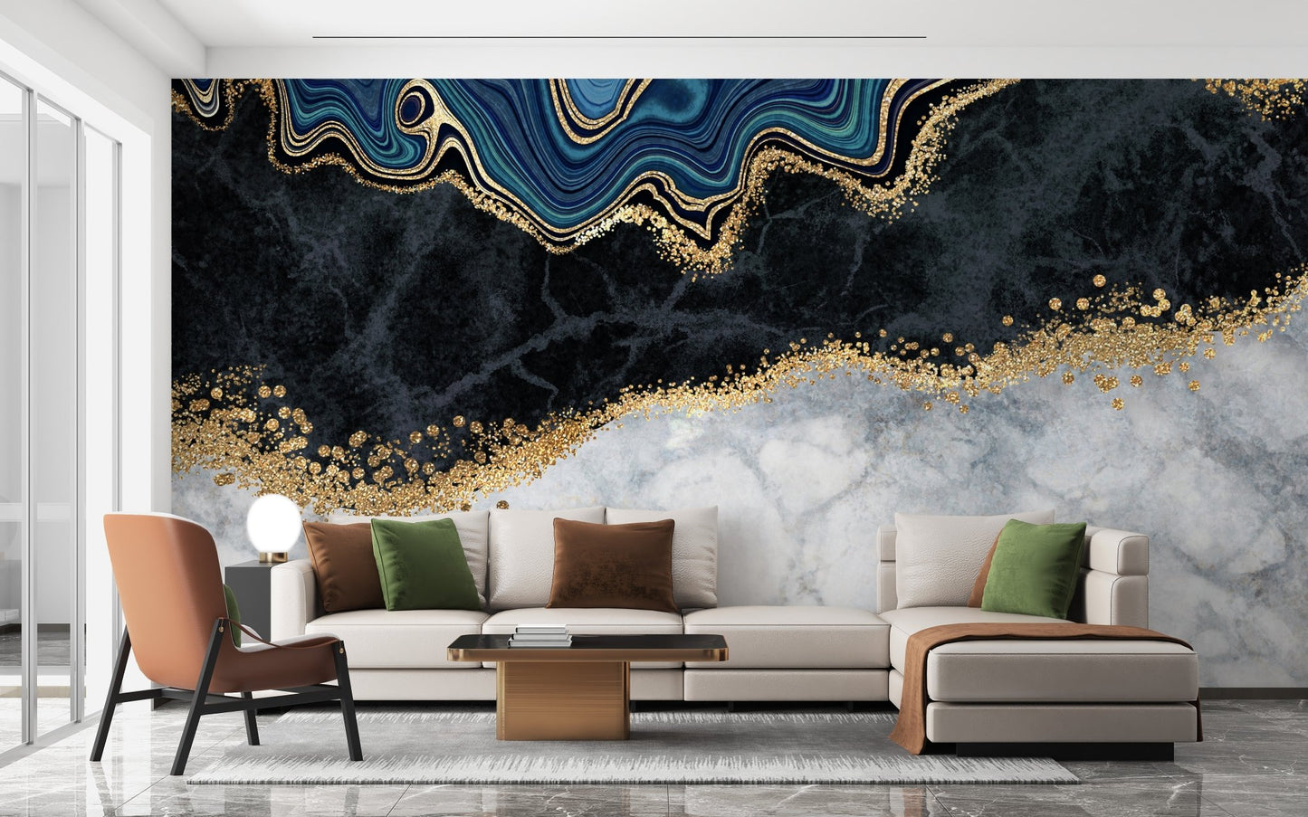 Sophisticated grey marbled wall mural with gold accents in a large flat.