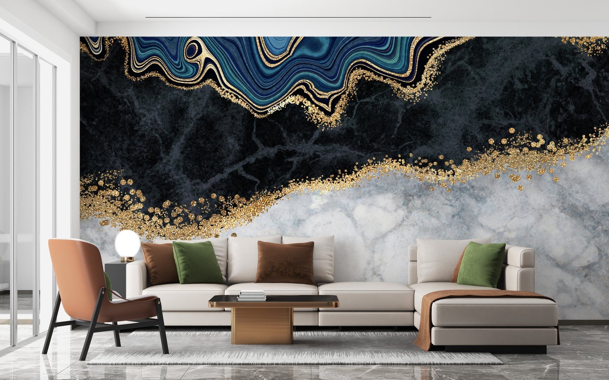 Sophisticated grey marbled wall mural with gold accents in a large flat.