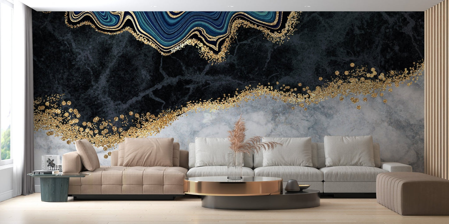 Abstract blue and gold wall mural for a contemporary living area.