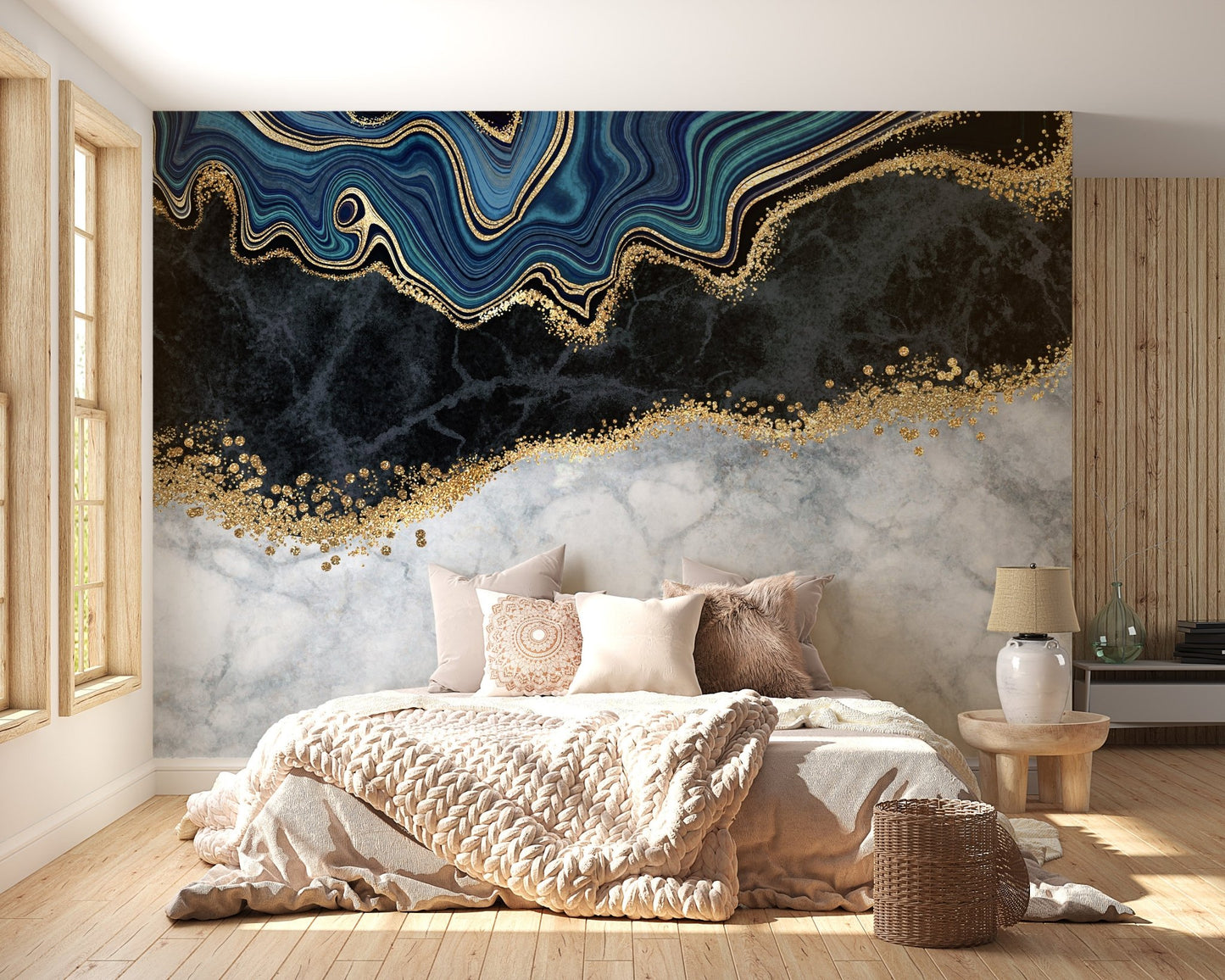 Elegant marble pattern wall mural in a bedroom with neutral bedding.