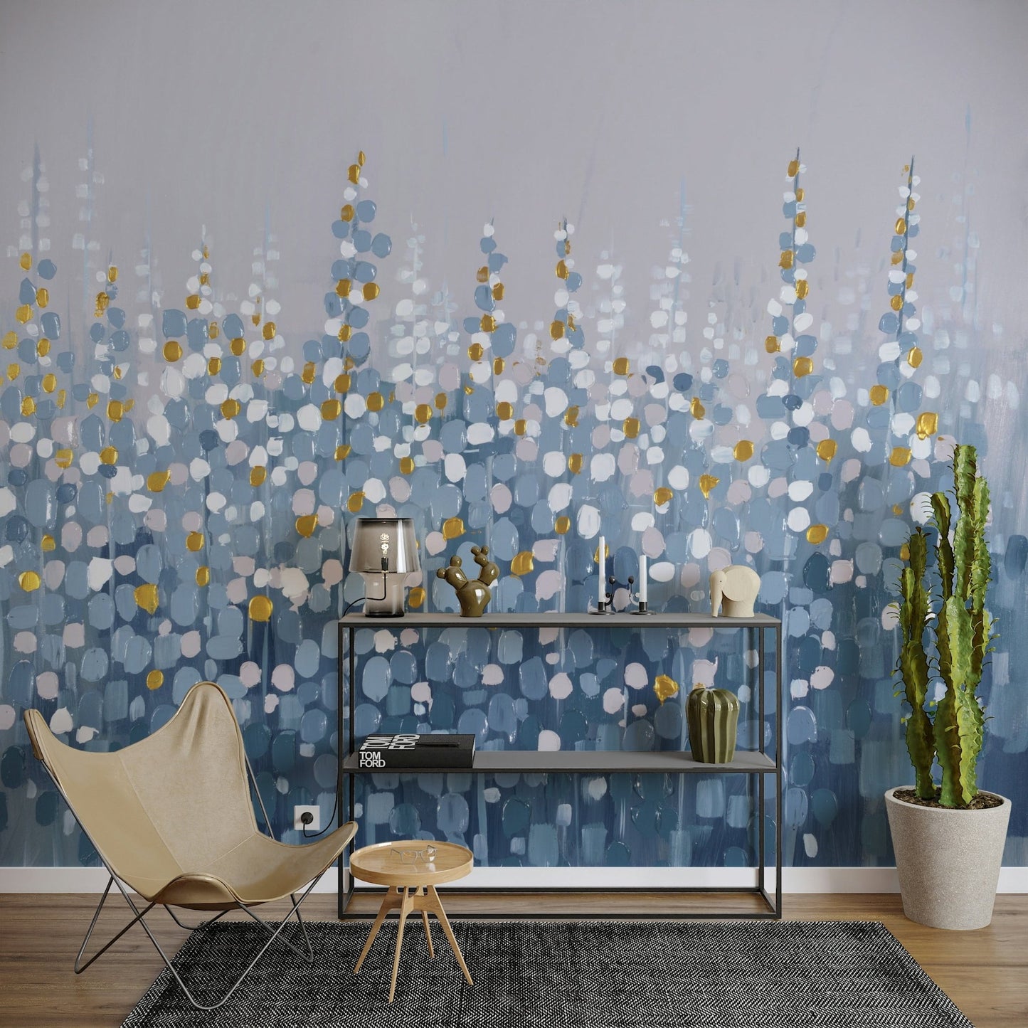 Blue and Grey Abstract with Gold Accents Wall Mural - Wallanza