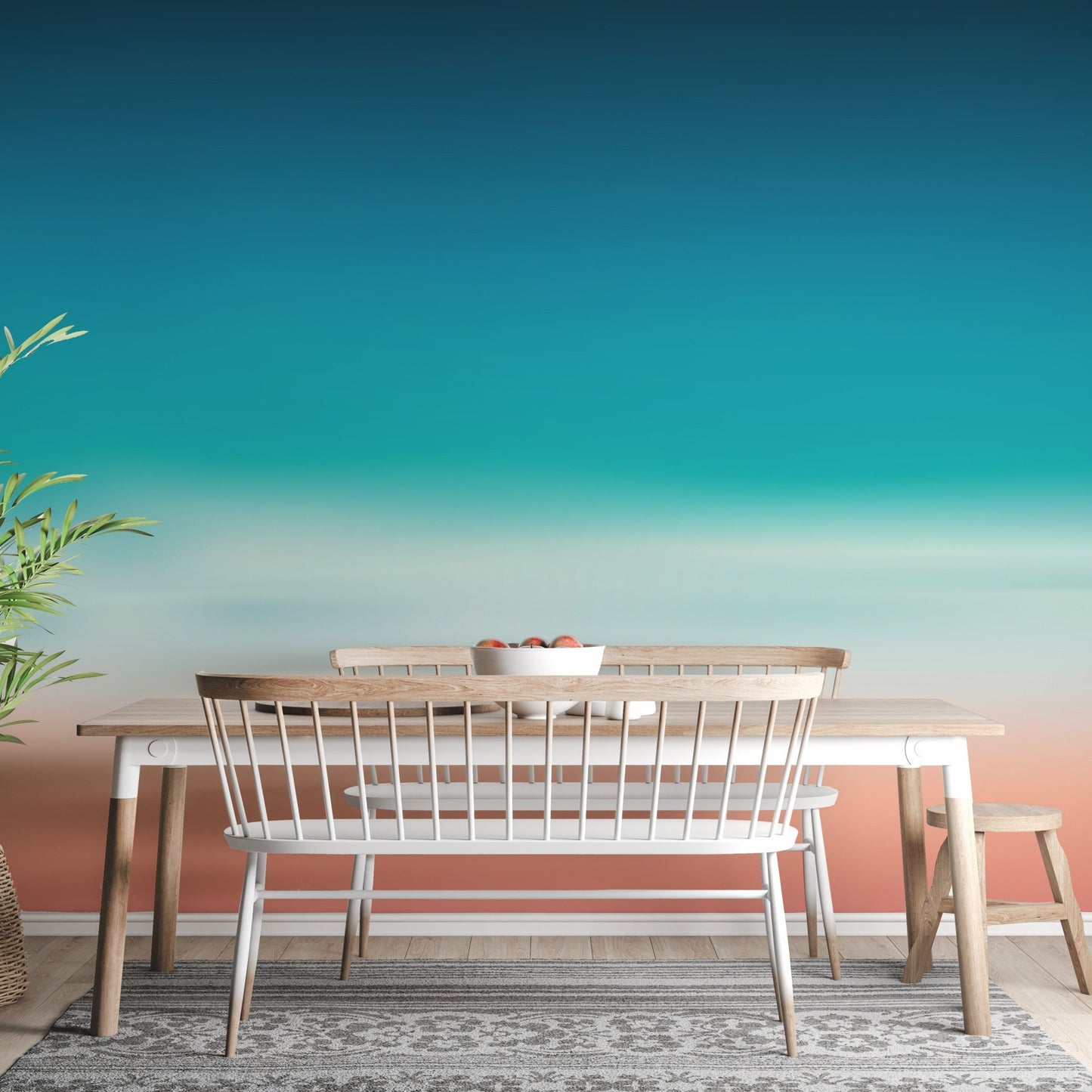 Minimalist dining space with a white table and Blurred Sea Ombre Mural.