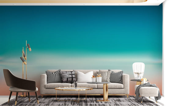 Modern living room with a grey sofa and Blue and Pink Blurred Sea Ombre Wall mural.