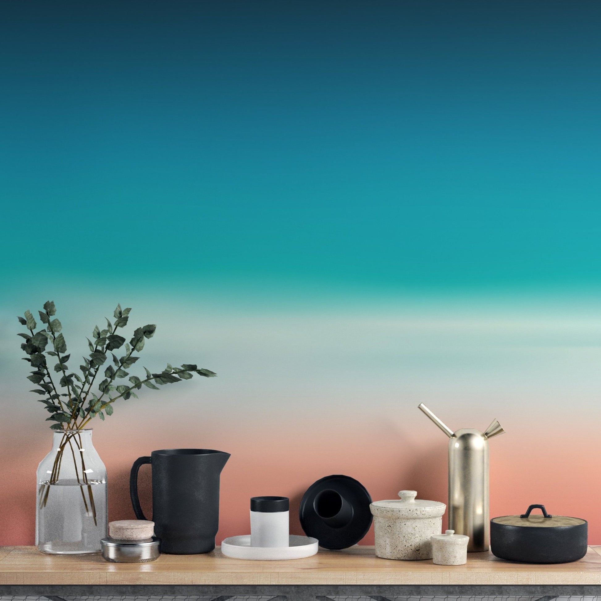Blue and pink sea ombre mural for peaceful kitchen interiors