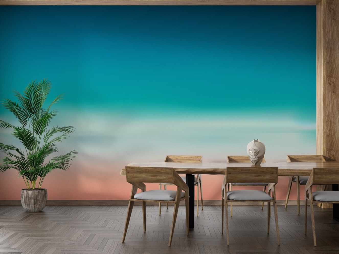 Wooden dining table set against a teal and pink gradient wall mural.