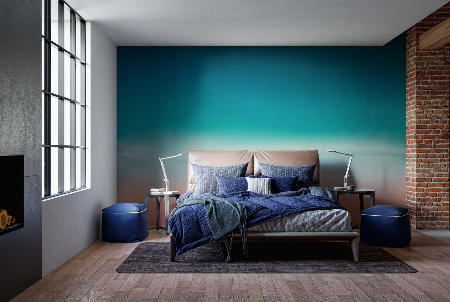 Dark bedroom with blue bedding and a teal and pink ombre wall mural.