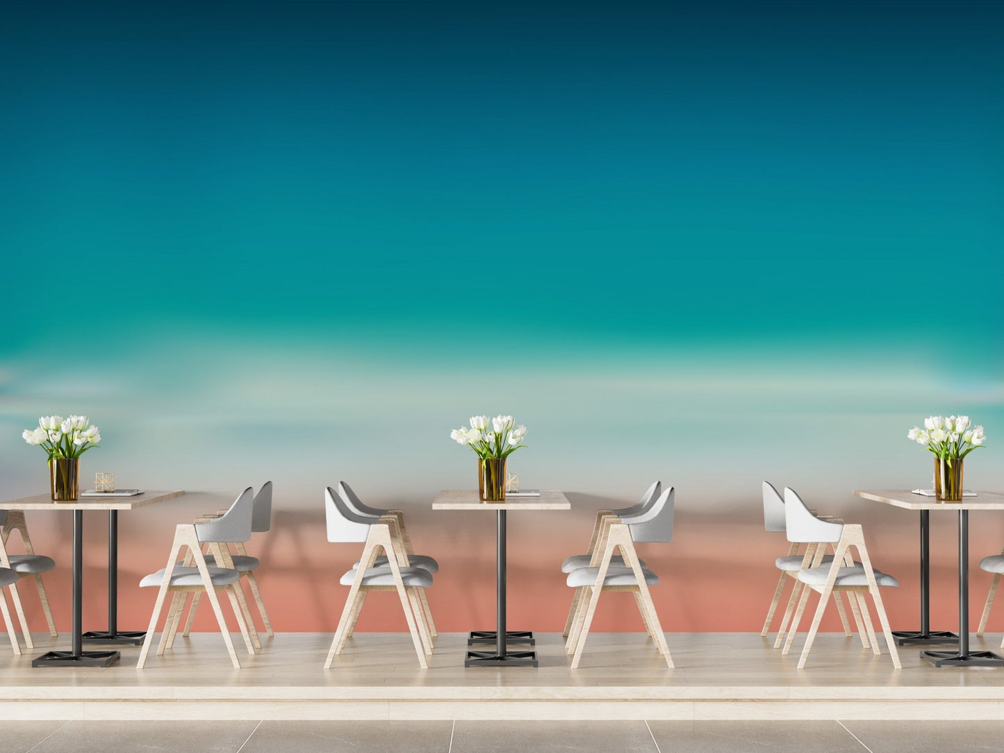 Blue and Pink Blurred Sea Ombre Wall mural in restaurant dining area.