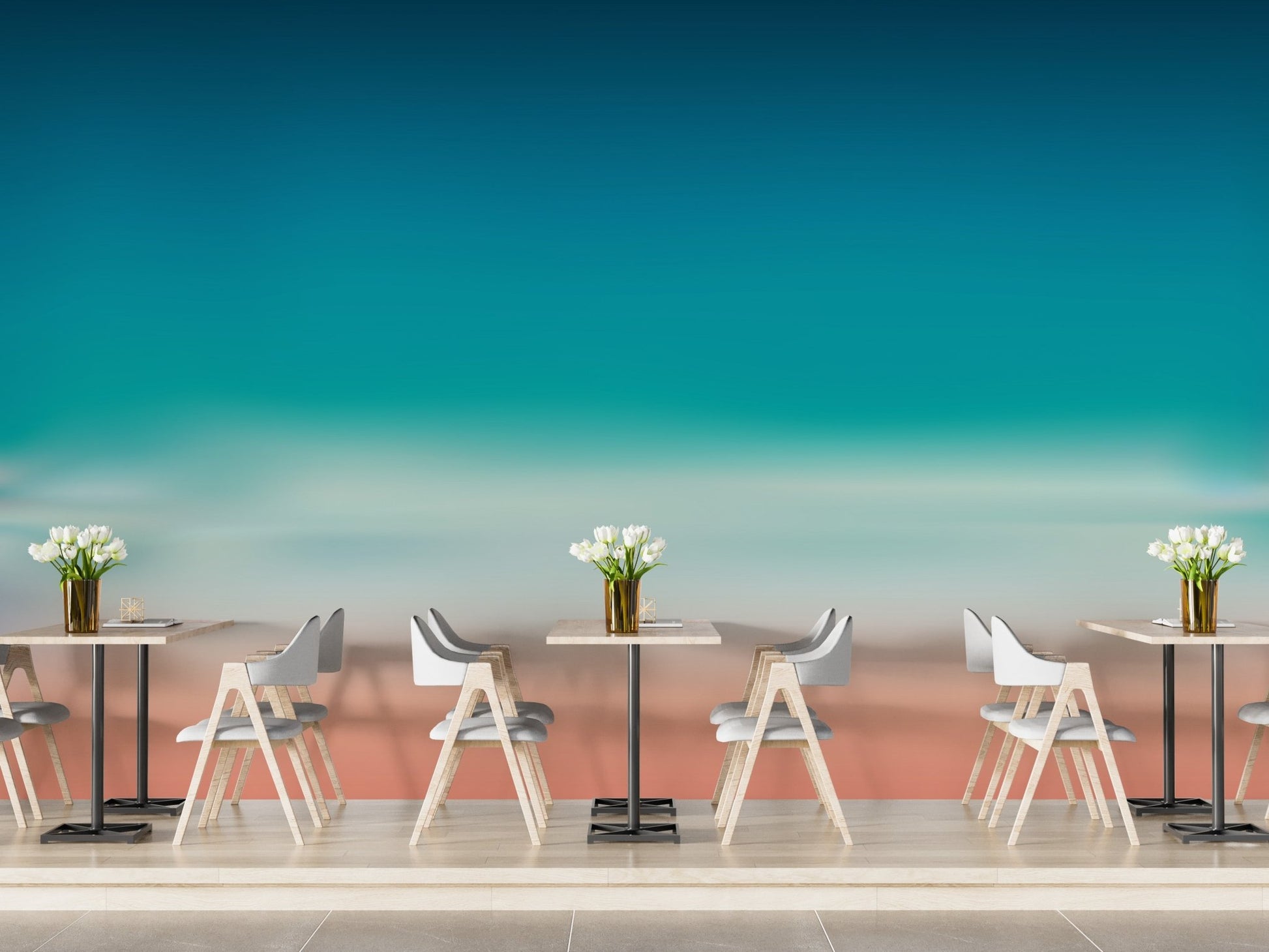 Blue and Pink Blurred Sea Ombre Wall mural in restaurant dining area.