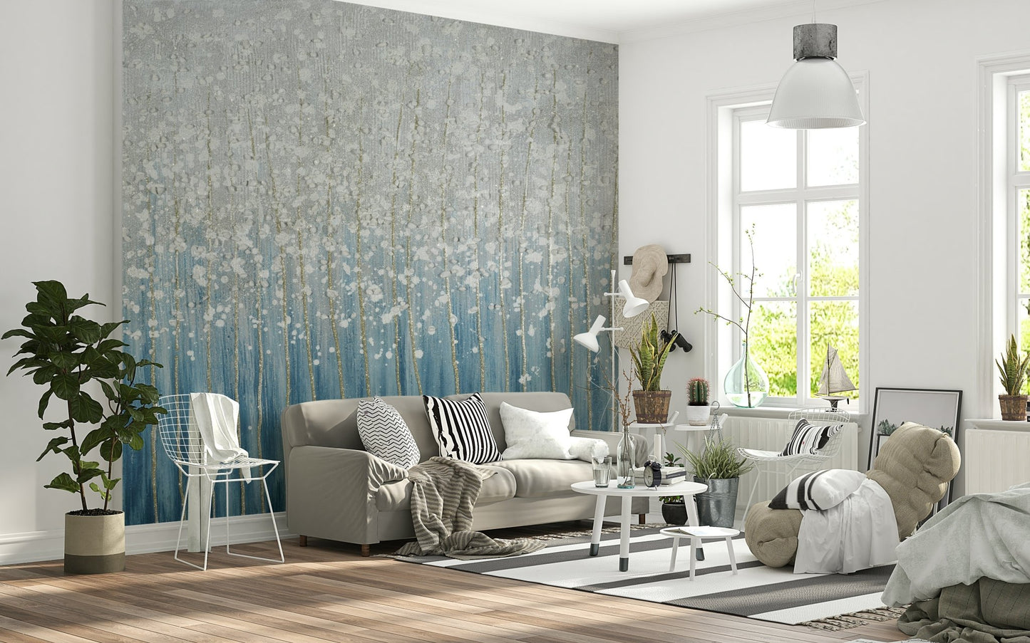 Entryway blue-silver circle pattern feature wall