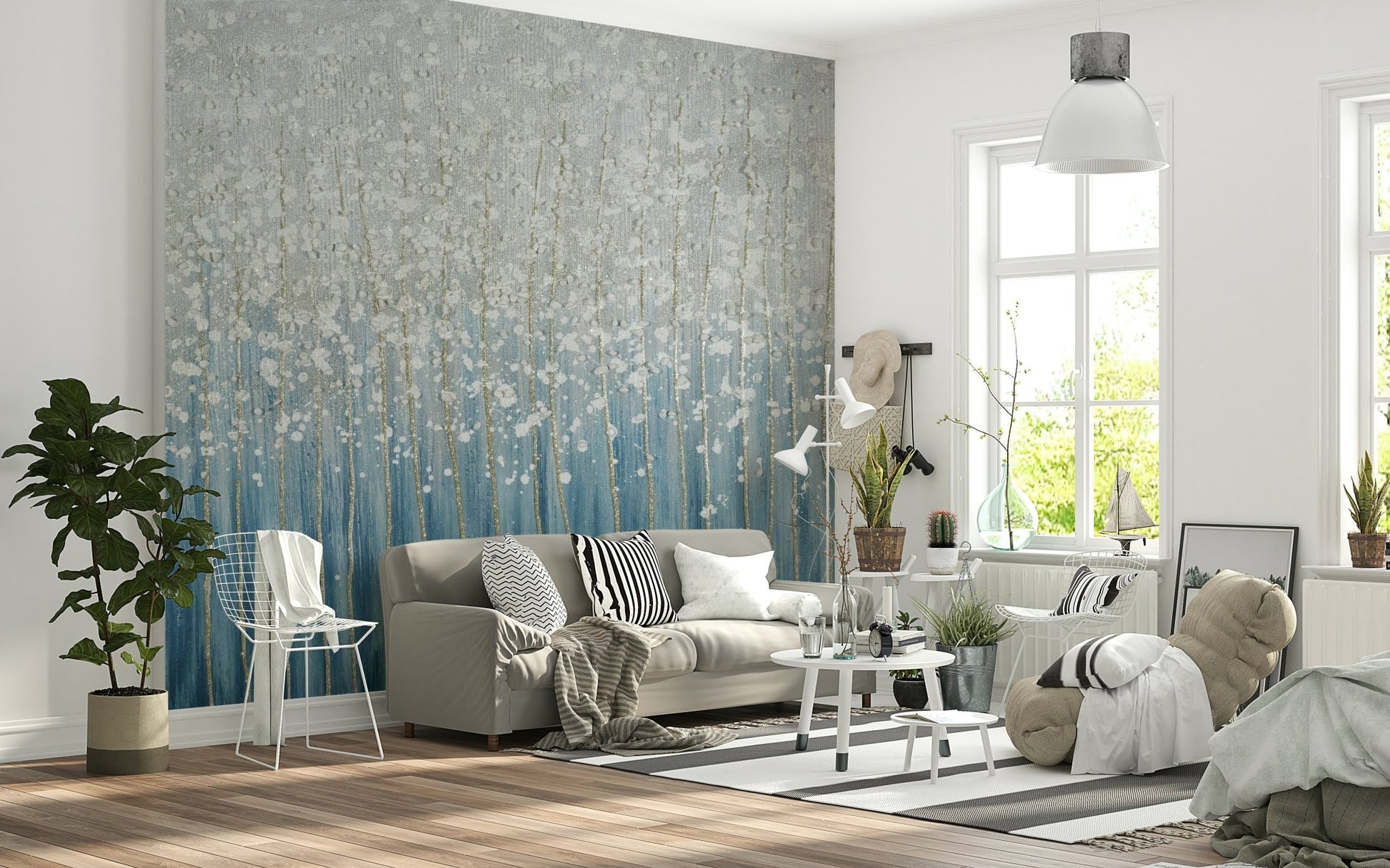 Entryway blue-silver circle pattern feature wall