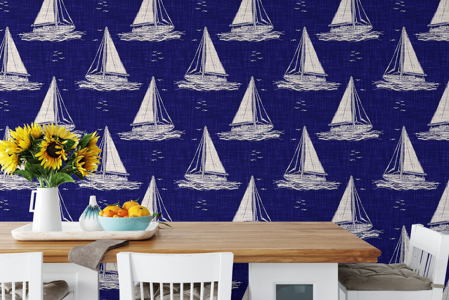 Blue and White Nautical Navy Sailing Boat Burlap Linen Wallpaper