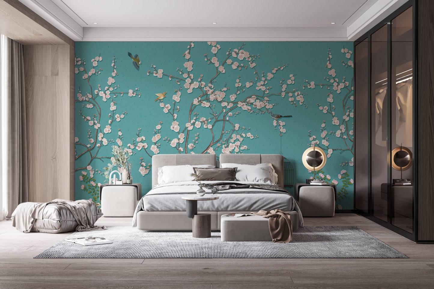 Blue and Pink Floral  Mural for Stylish bedroom walls.