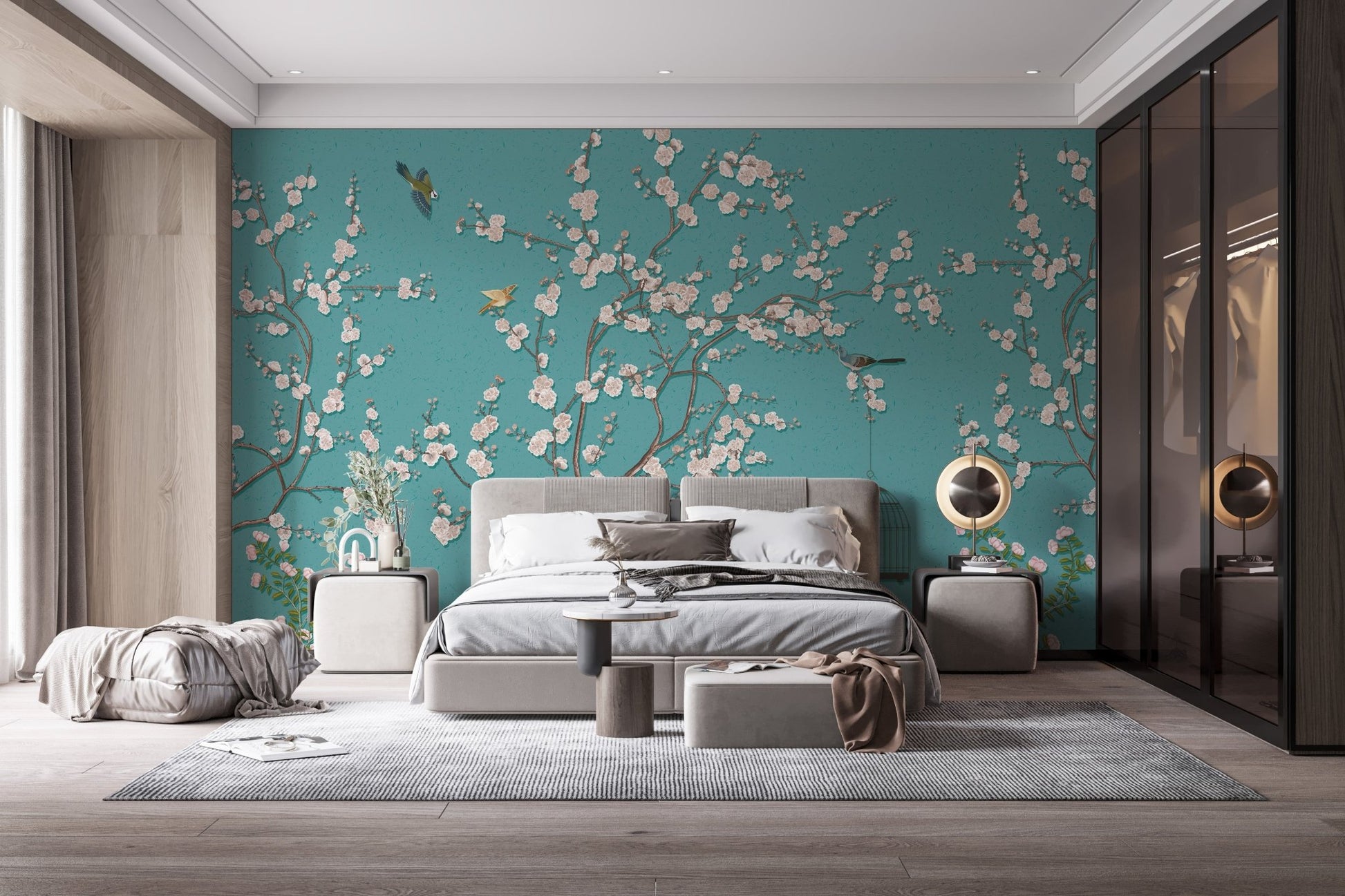Blue and Pink Floral  Mural for Stylish bedroom walls.