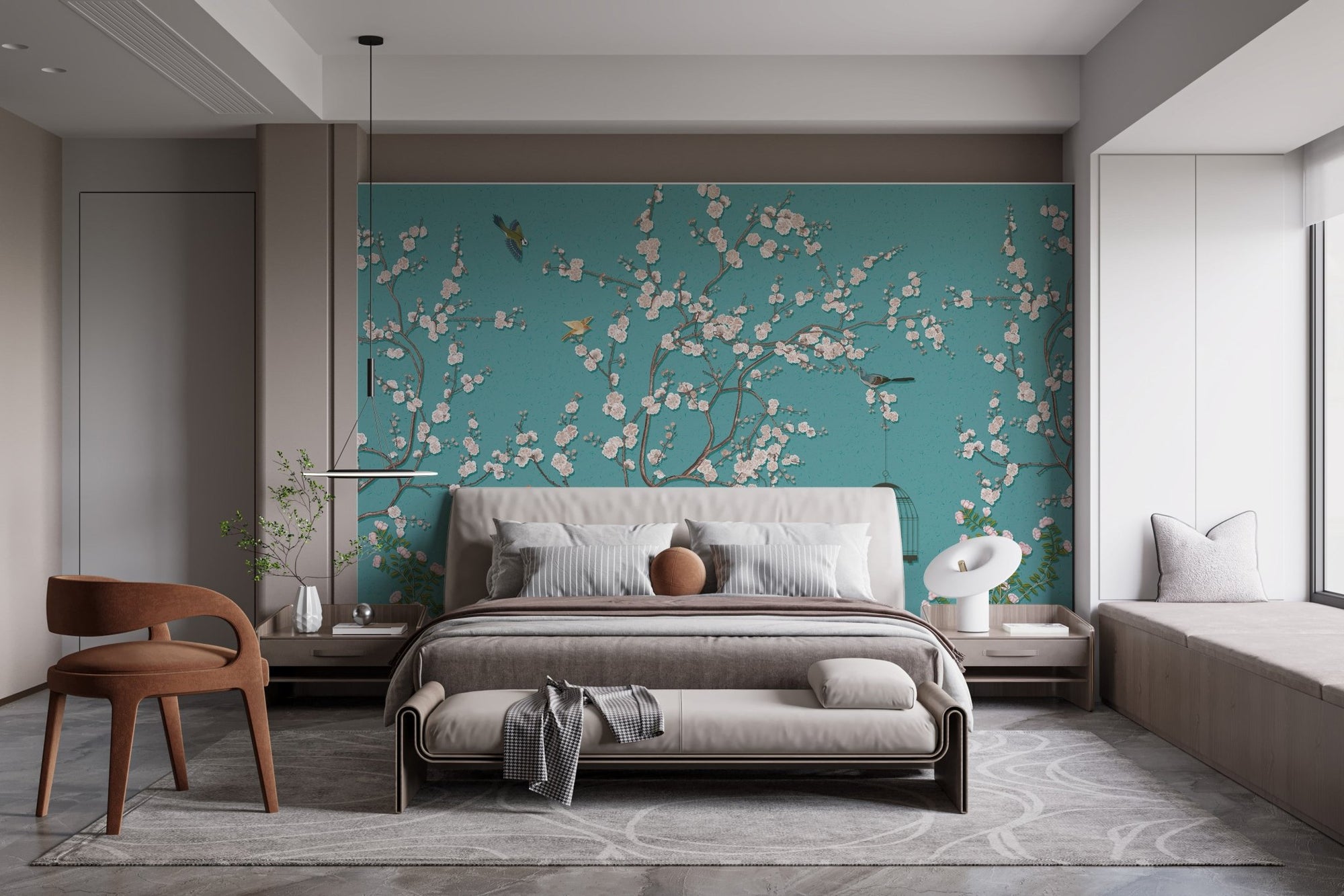 Modern bedroom with blue background pink flower wall mural behind a king bed.
