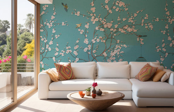 Sunlit living area with pink blossom wall mural and white sectional seating.