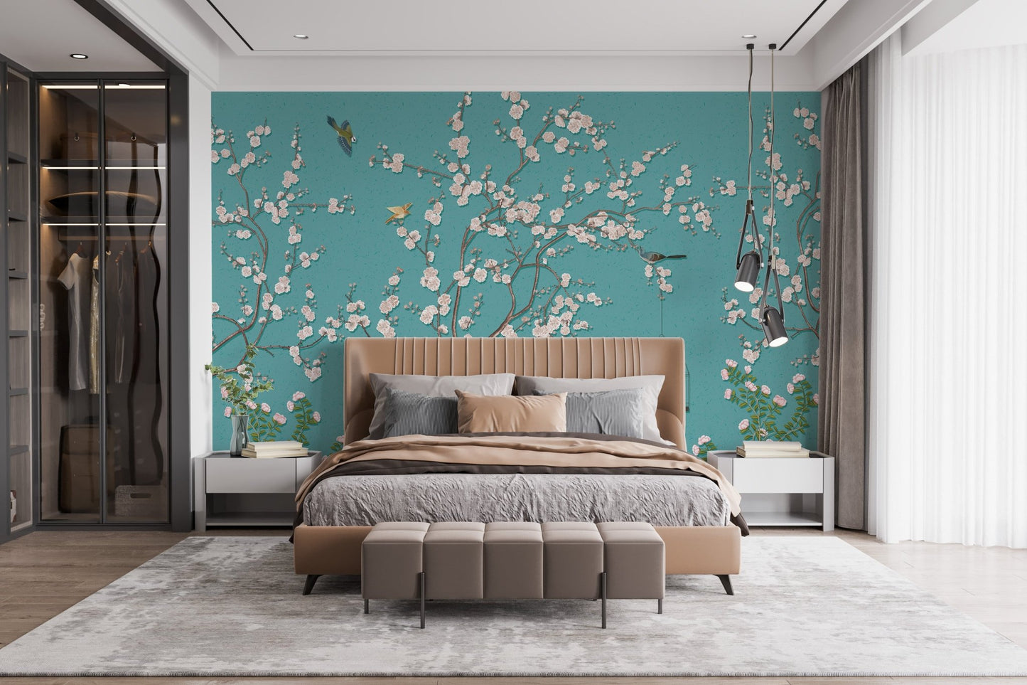 Master bedroom suite featuring pink flower wall mural on a teal surface.