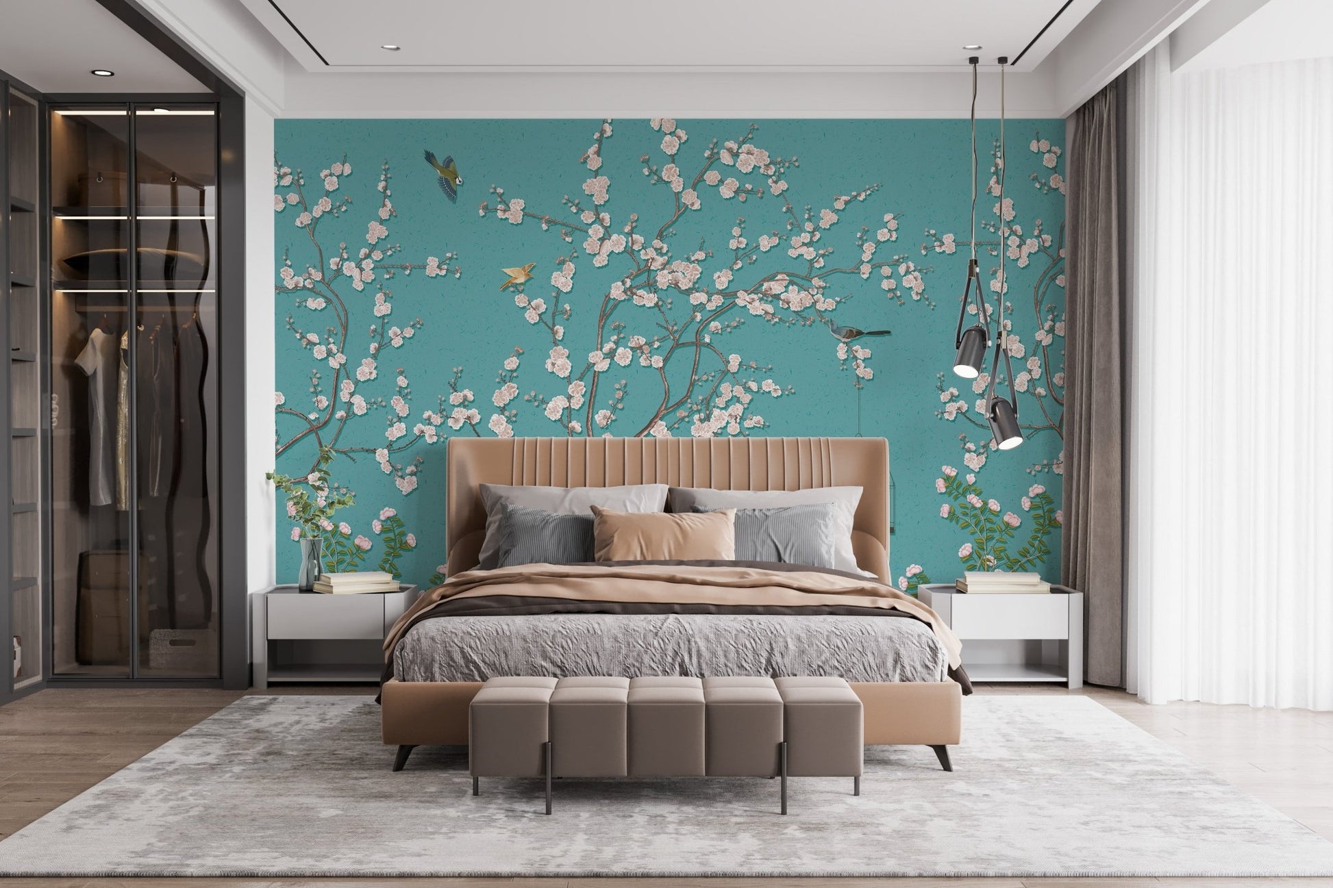 Master bedroom suite featuring pink flower wall mural on a teal surface.