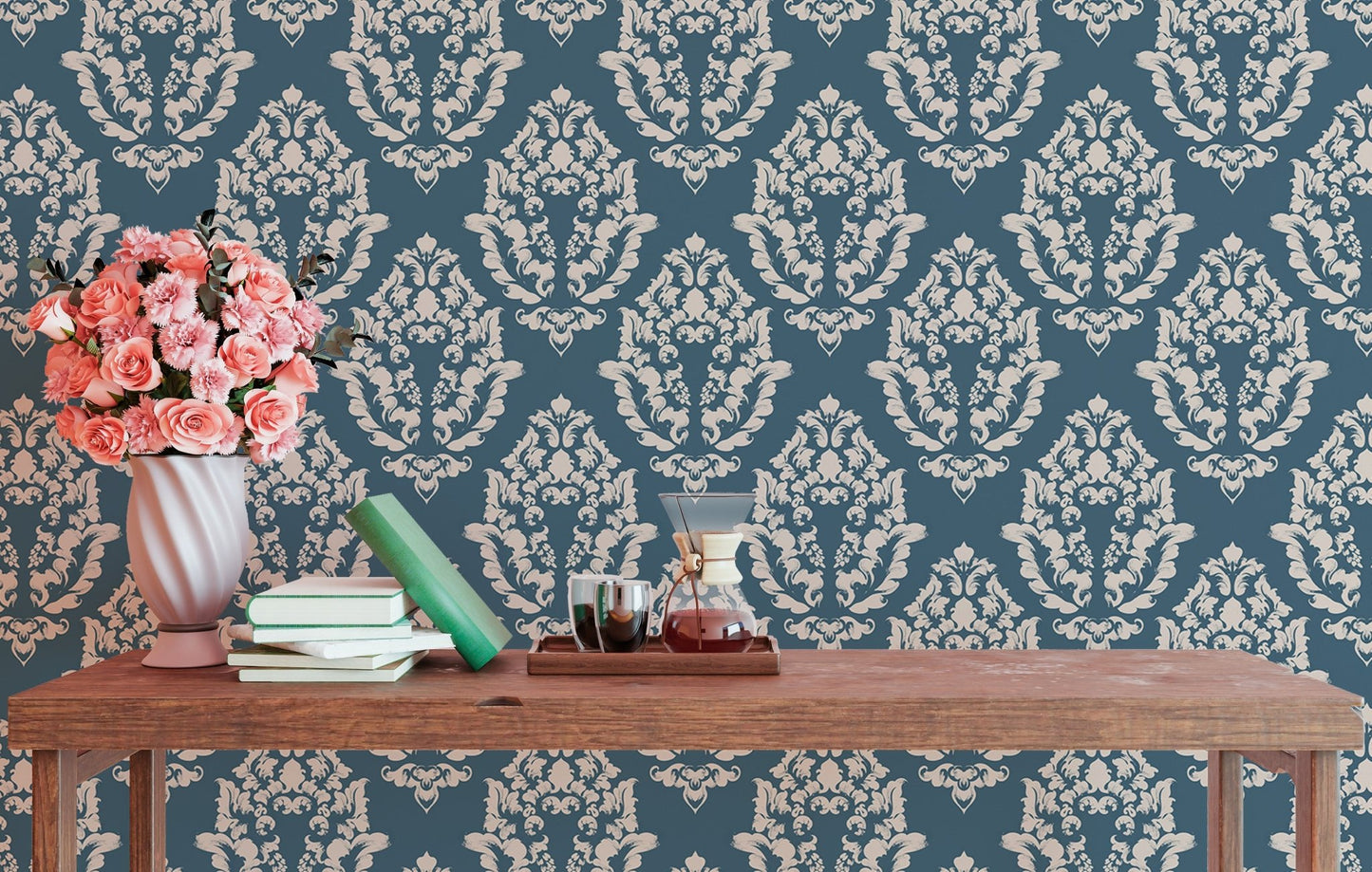 Ornate blue pattern wallpaper behind a rustic wooden bench.