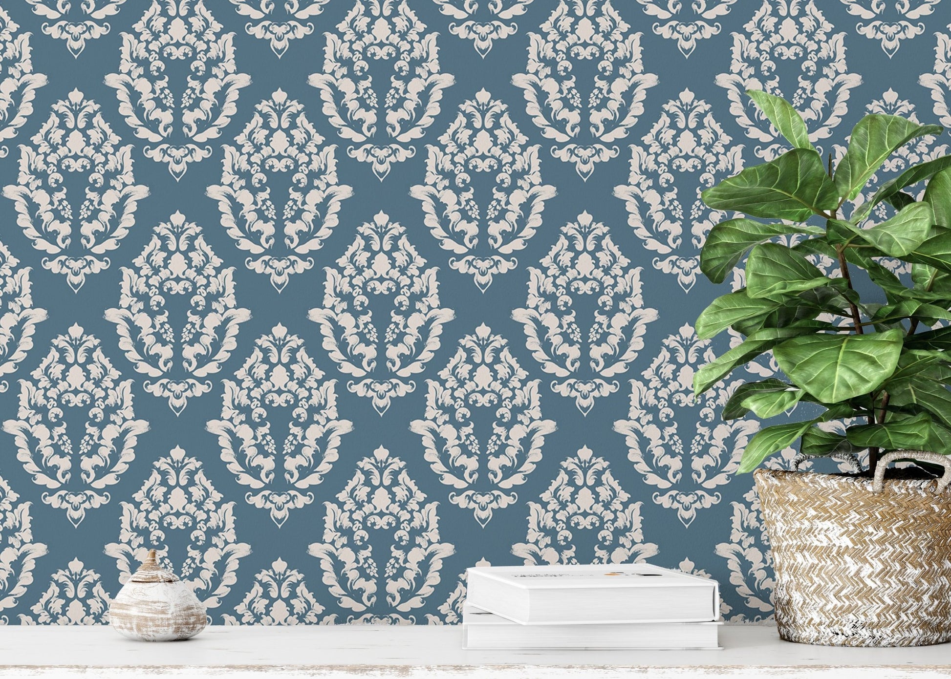 Premium vector damask wallpaper behind a reading space with palnt.