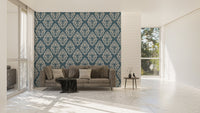 Blue Baroque wallpaper covering a large expanse in an open-plan area.