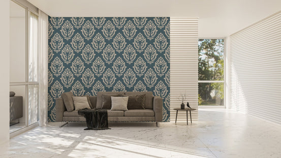 Blue Baroque wallpaper covering a large expanse in an open-plan area.