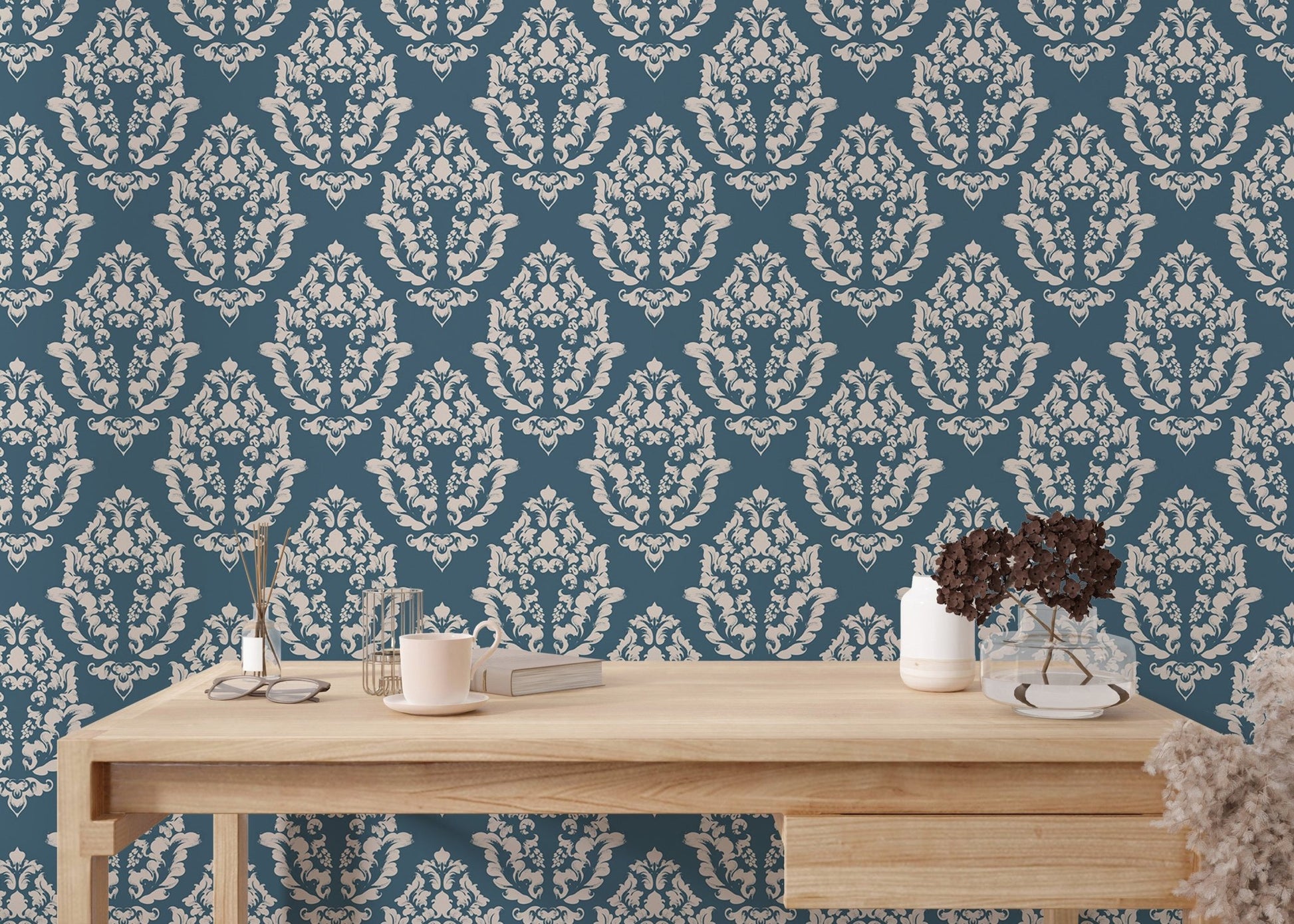 Classic blue floral damask wallpaper in a reading room setting.
