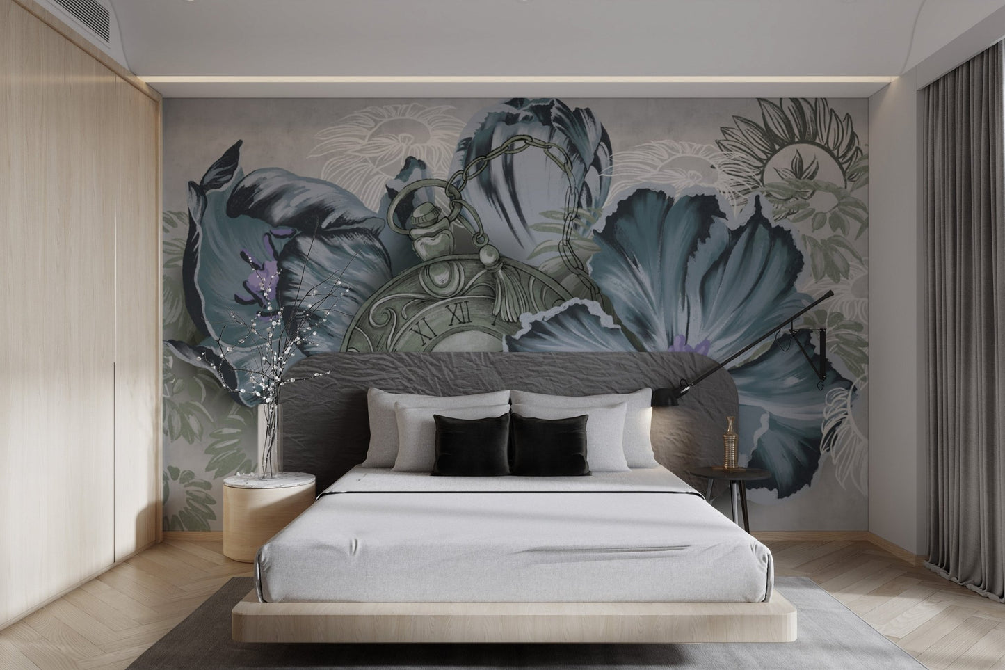 Vintage timepiece and blue floral wallpaper.