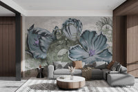 Muted indigo petals on clock wall mural for any walls.