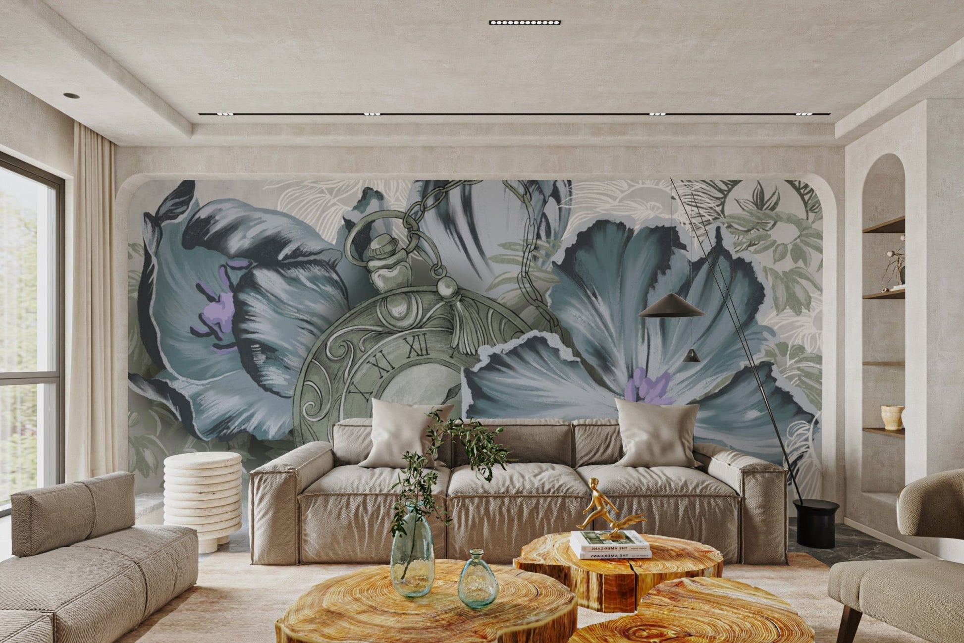 Floral art mural with muted blue tones.