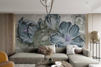 Botanical wallpaper with antique clock design for walls.