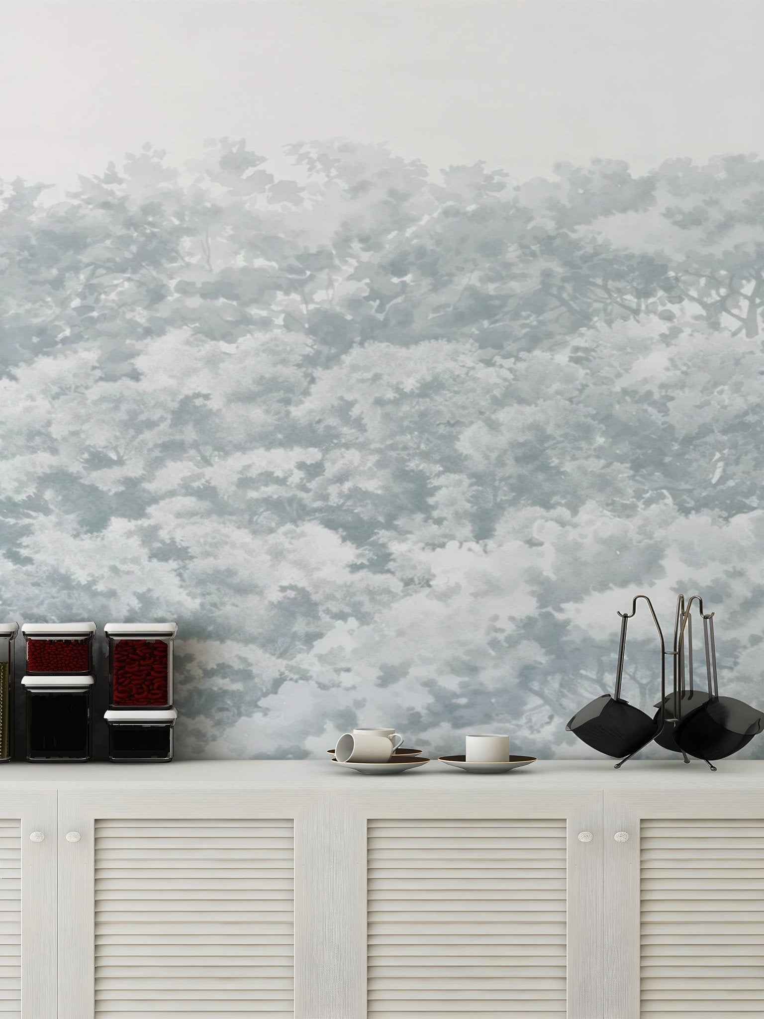 Blue buttonwood tree wallpaper with misty forest canopy design.