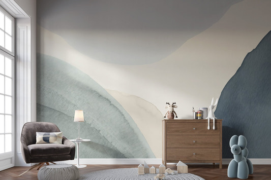 Blue calming shapes wall mural with organic navy and sage green curves.