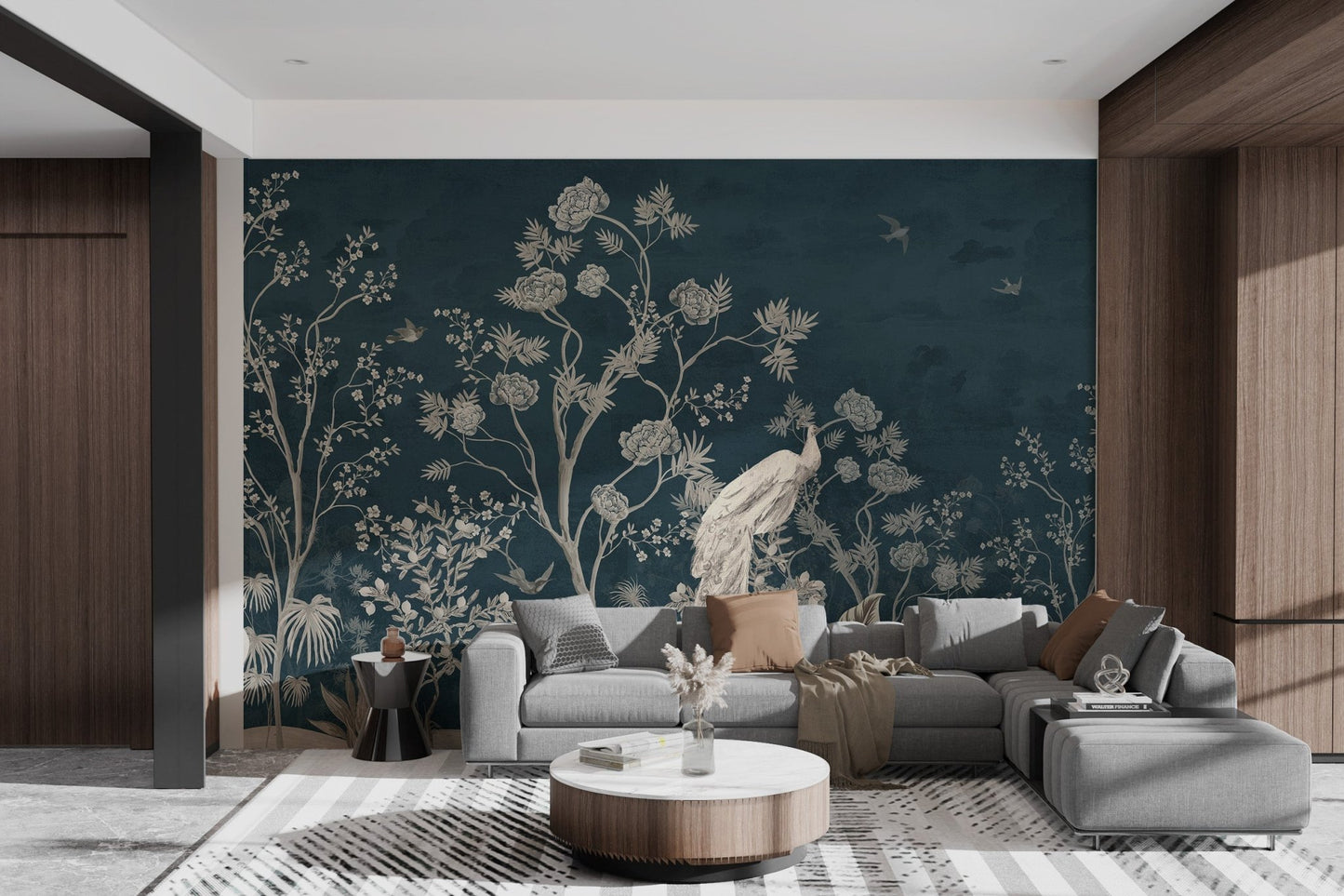 Large scale floral wall mural in a living room setting with chinoiserie blossom.
