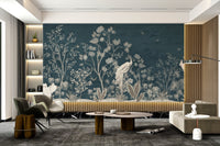 Navy blue wall mural with white bird and tree illustrations for home interiors.