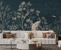 Blossom design in blue Chinoiserie wall mural for open living space.