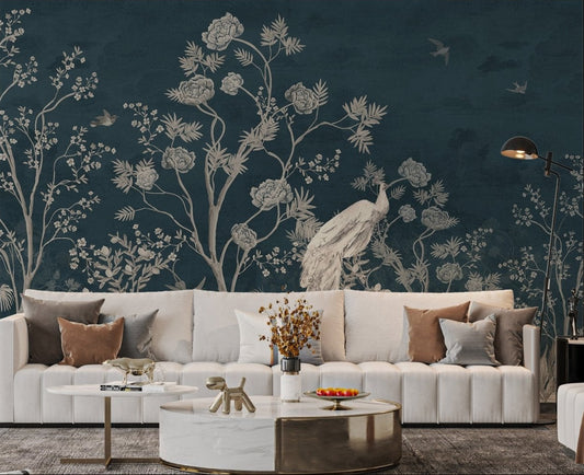 Blossom design in blue Chinoiserie wall mural for open living space.