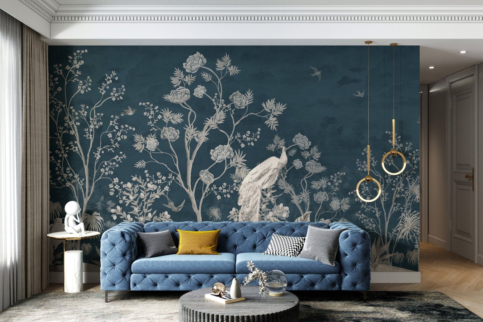 Peel-and-stick wall mural with blue Chinoiserie blossoms in hallway.