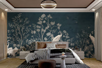 Blue blossoms in Chinoiserie-style adhesive wall mural for large bedroom.