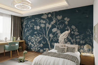Blue Chinoiserie Blossom Wall mural with white floral patterns in bedroom.