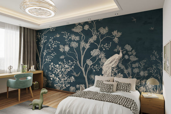 Blue Chinoiserie Blossom Wall mural with white floral patterns in bedroom.